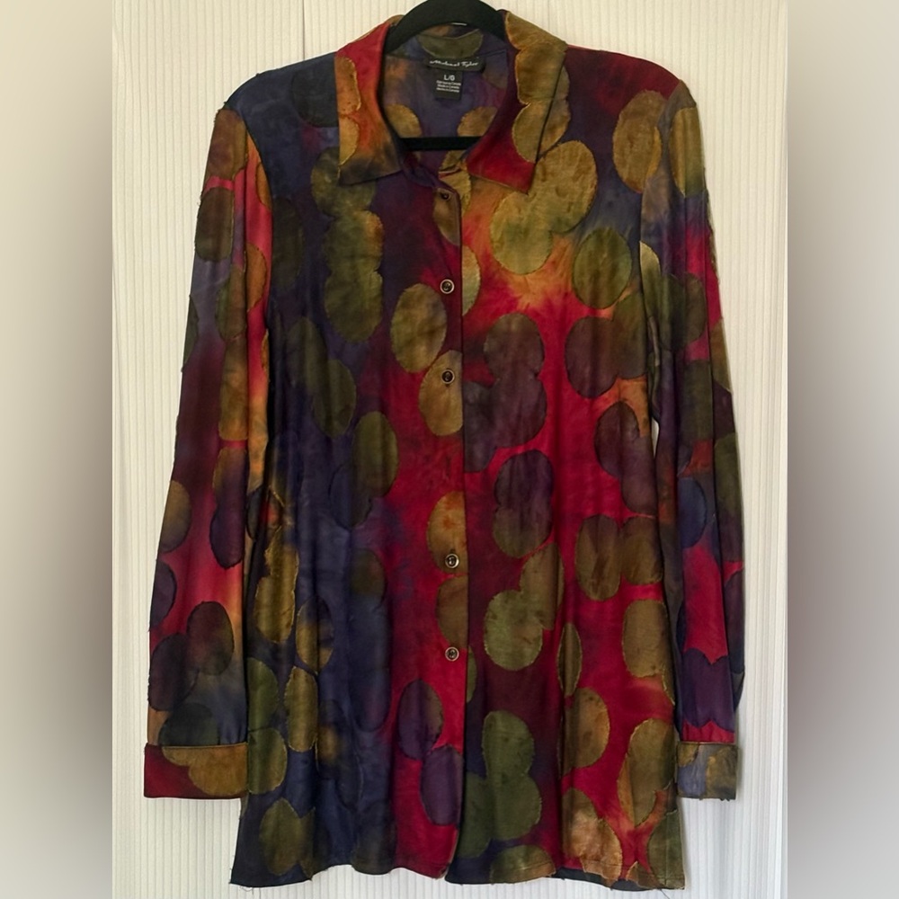 Michael Tyler Blouse Top Button Down Long Sleeve Multicolored Large